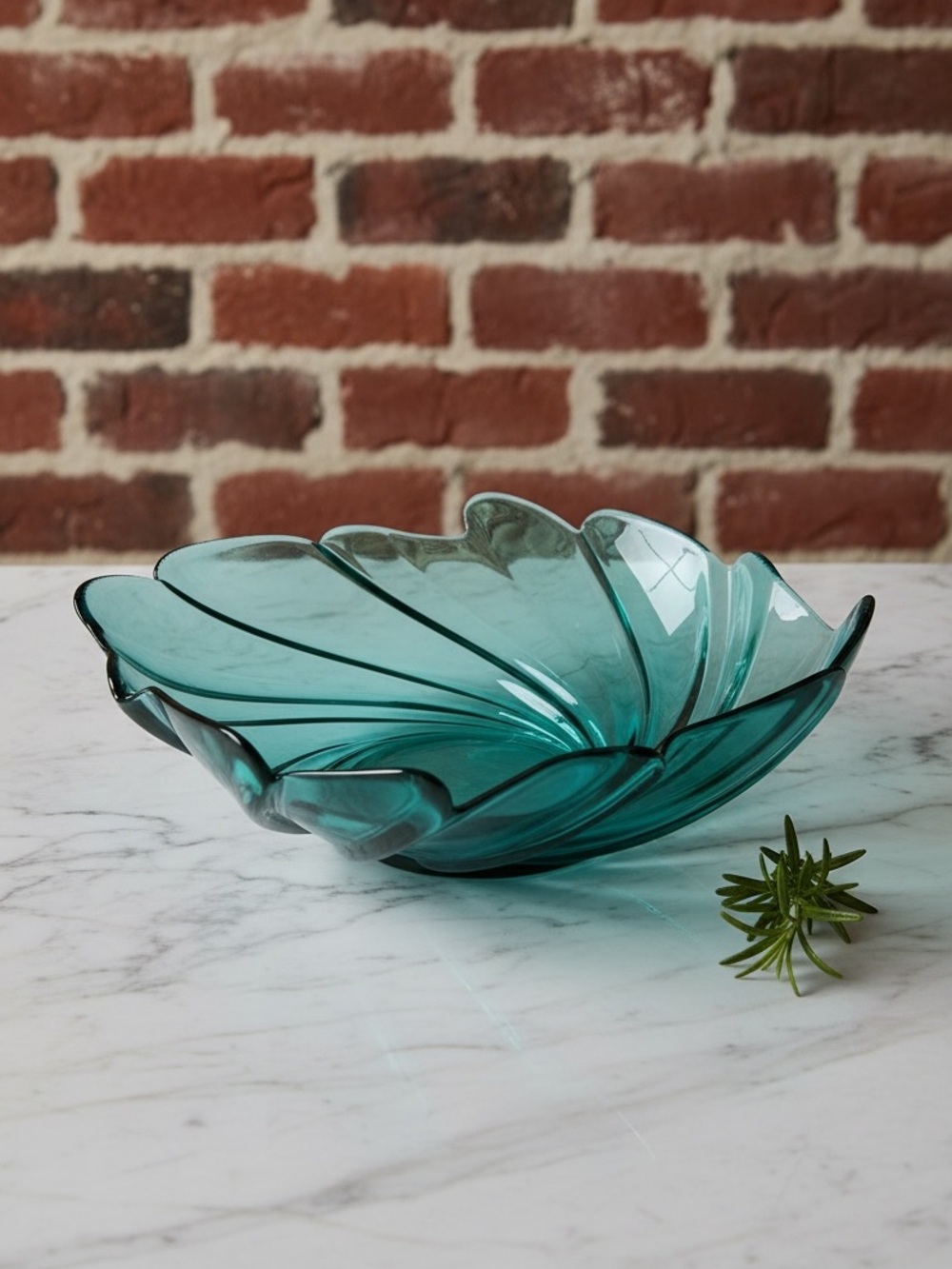 VTG MCM Teal Blue Art Glass Petal Swirl Centerpiece Bowl